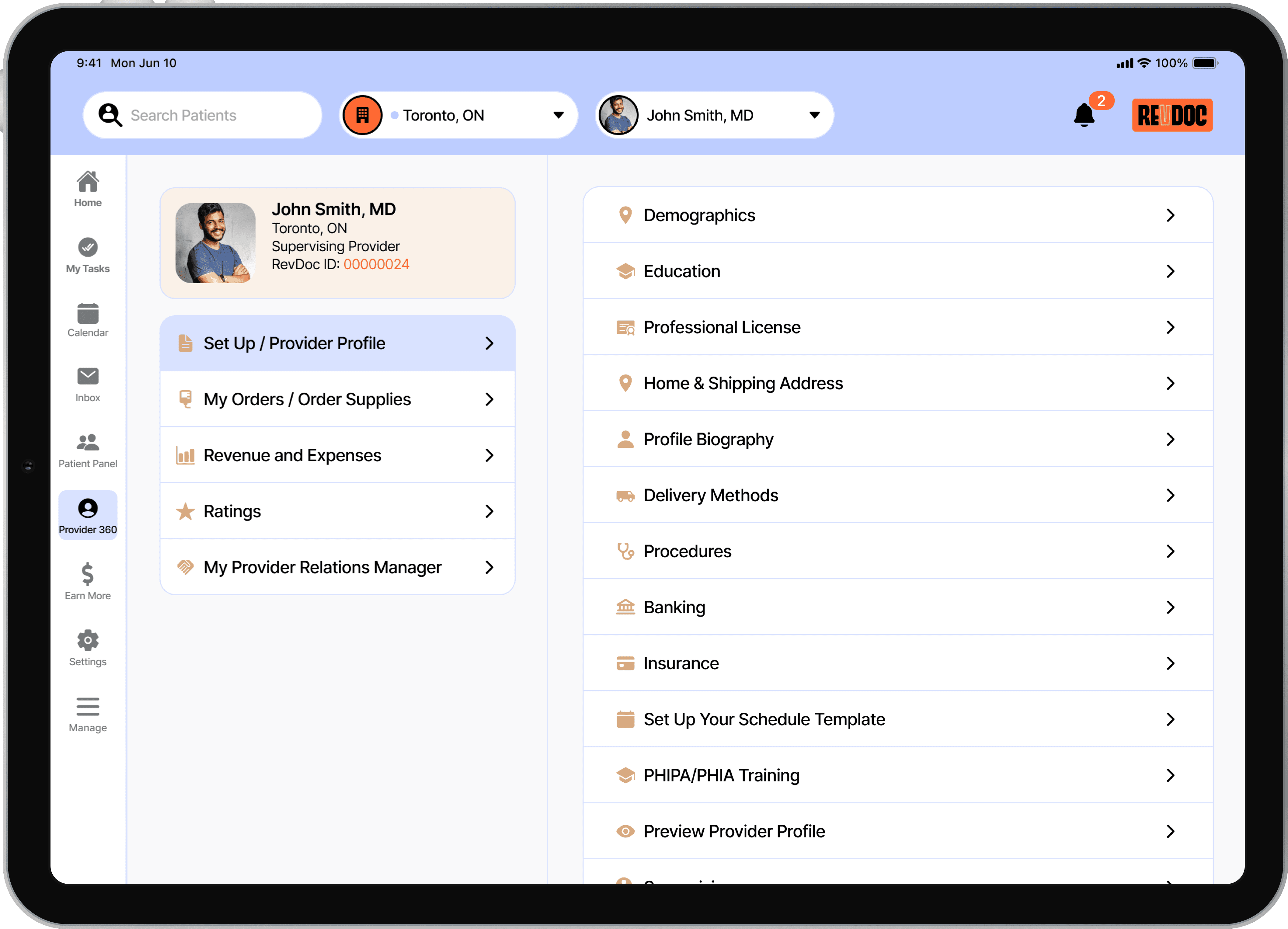 RevDoc's user interface for the Provider 360 tab of the provider app.