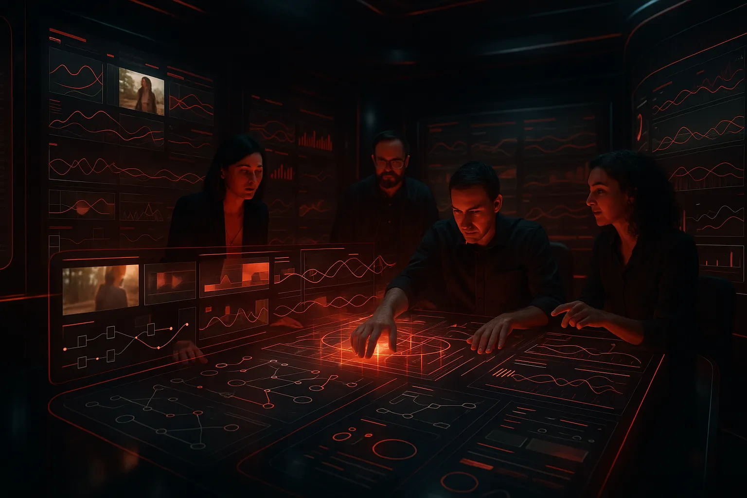 Group analyzing digital data with futuristic screens at RockN' Socials agency.