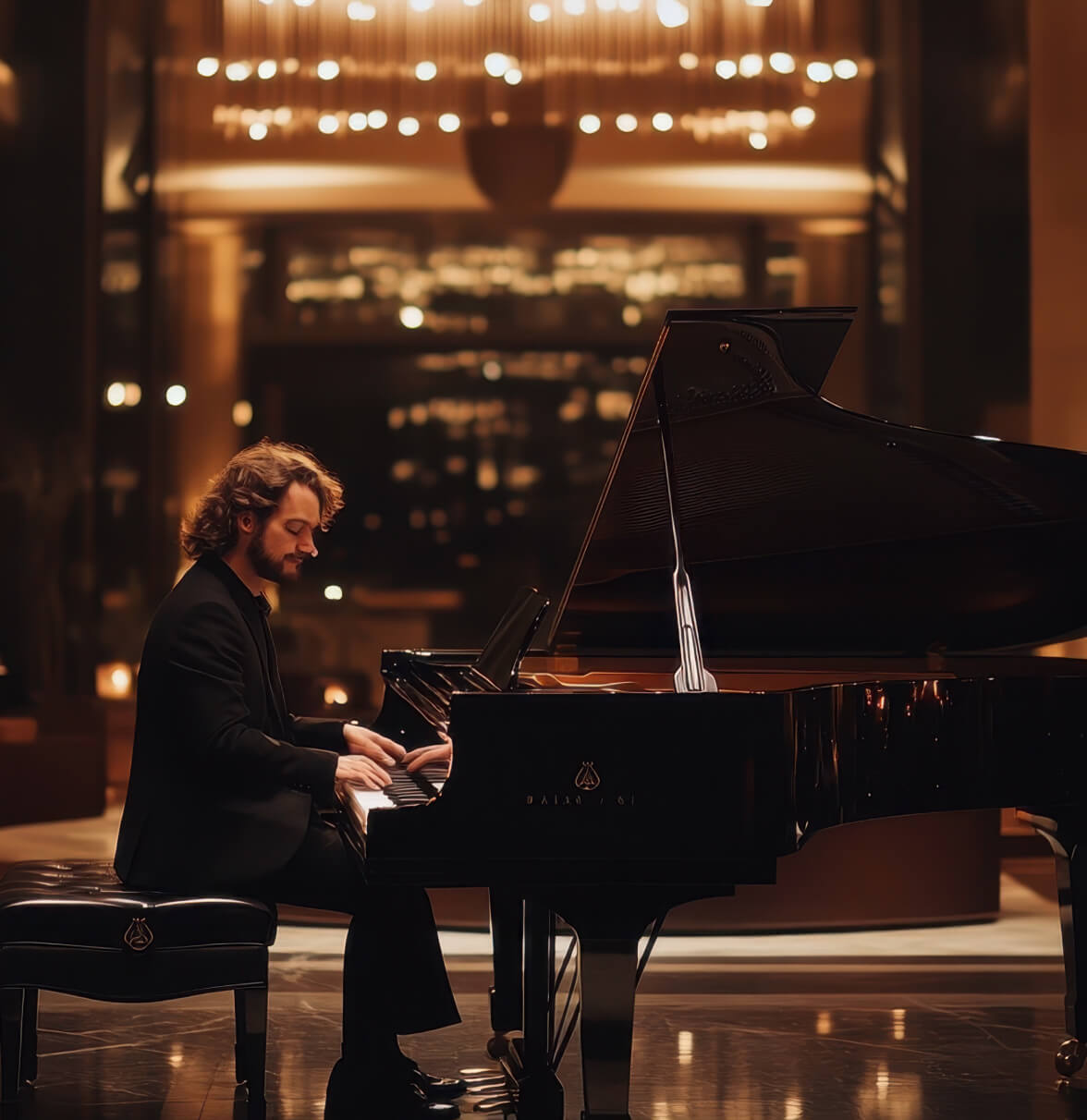 A musician plays a grand piano on stage, illuminated by warm lights in a stylish venue.