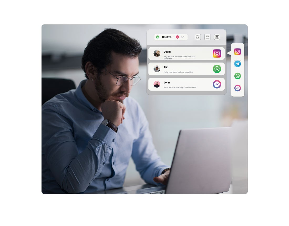 Professional working on a laptop with a modern interface displaying messages from various social media platforms including Instagram, WhatsApp, and Messenge