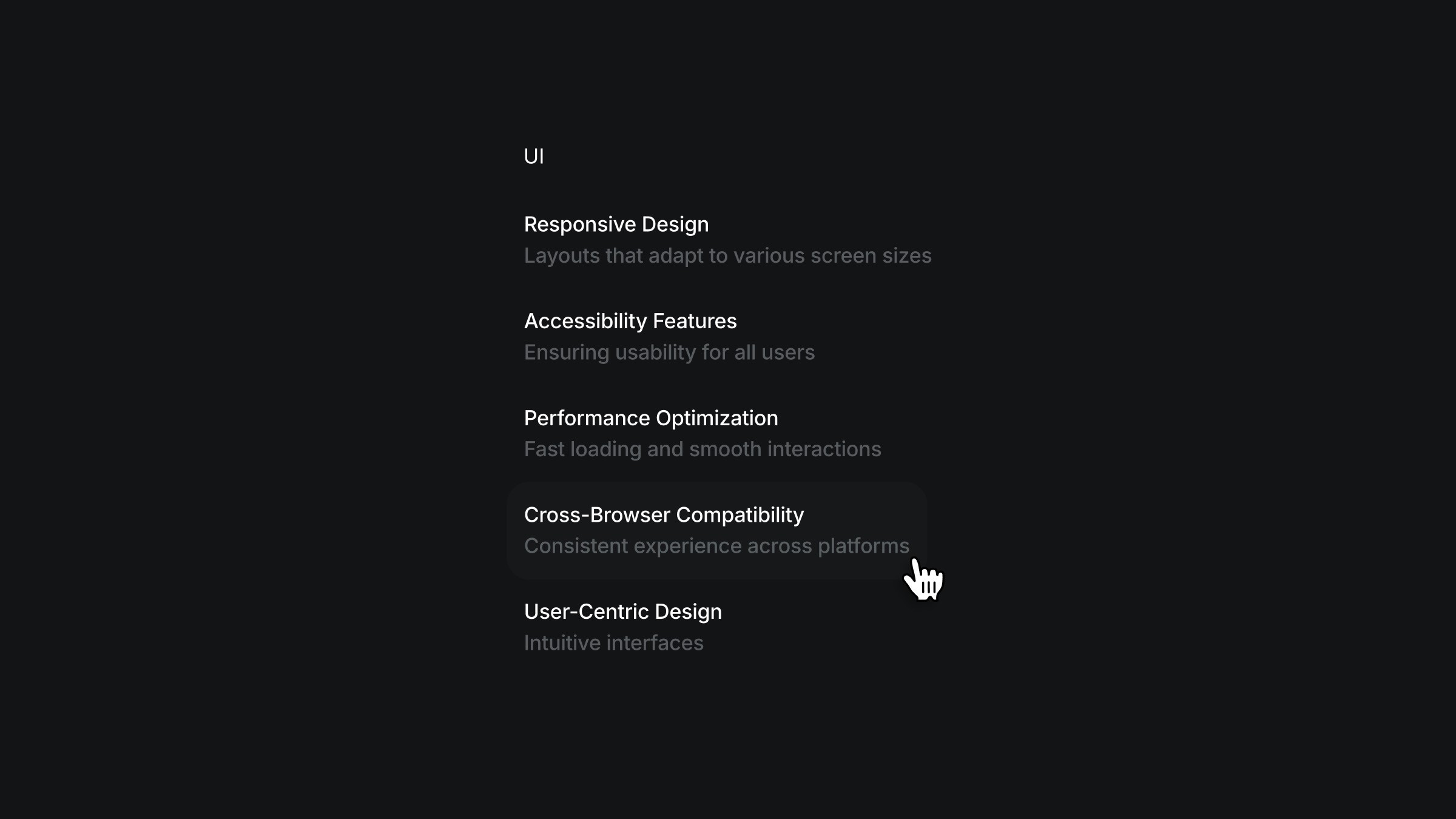 Graphic listing UI design principles including Responsive Design, Accessibility Features, Performance Optimization, Cross-Browser Compatibility, and User-Centric Design with a cursor hovering over 'User-Centric Design