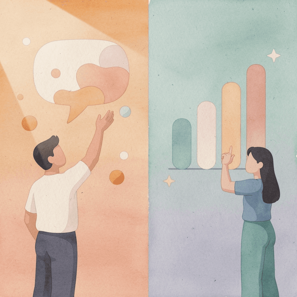 Split scene illustration contrasting agency visibility metrics with actual business pipeline results - SaaS SEO