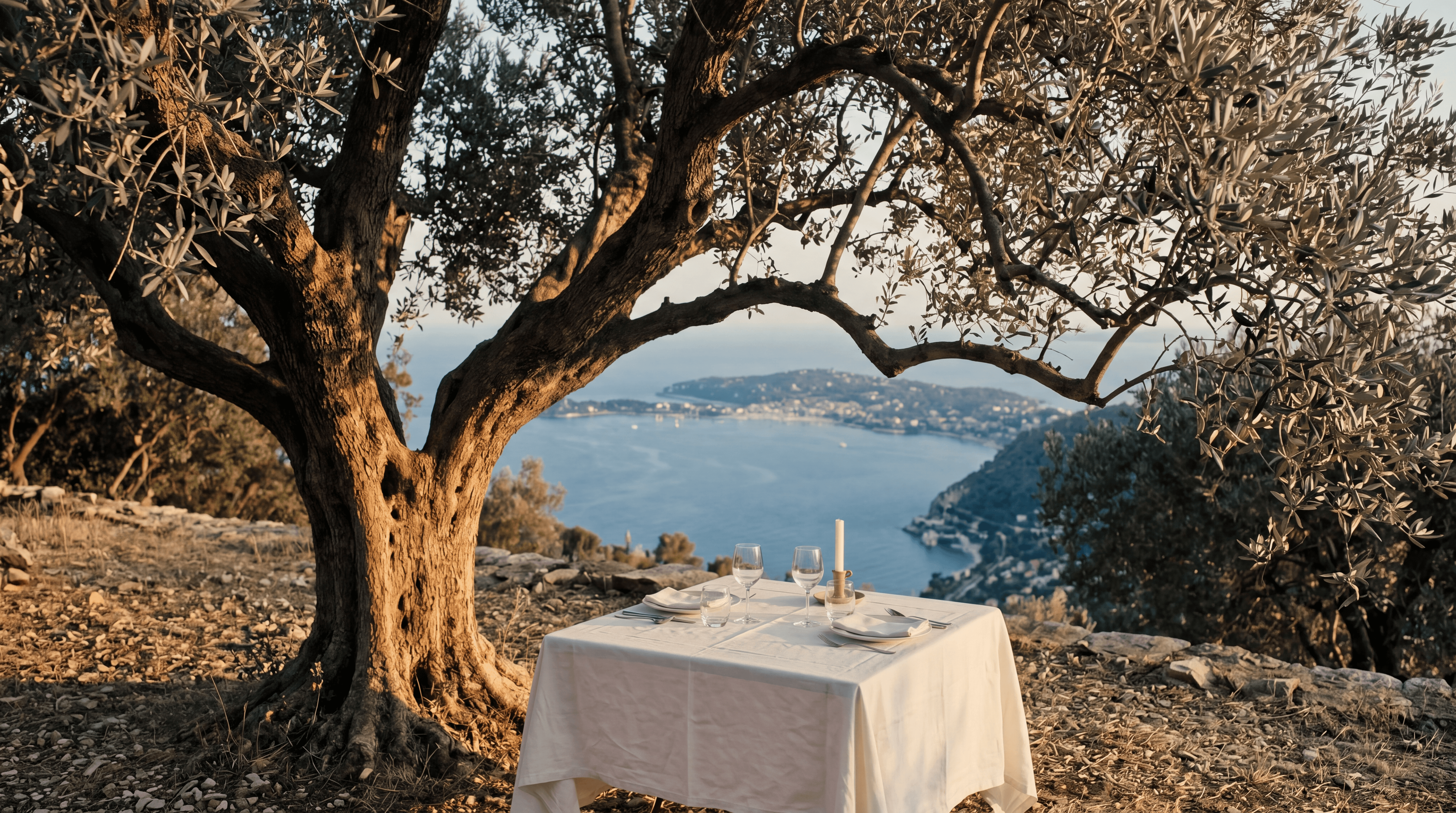 Ancient olive tree on a Provençal hillside terrace above the Côte d'Azur, single dinner table set beneath the canopy at sunset