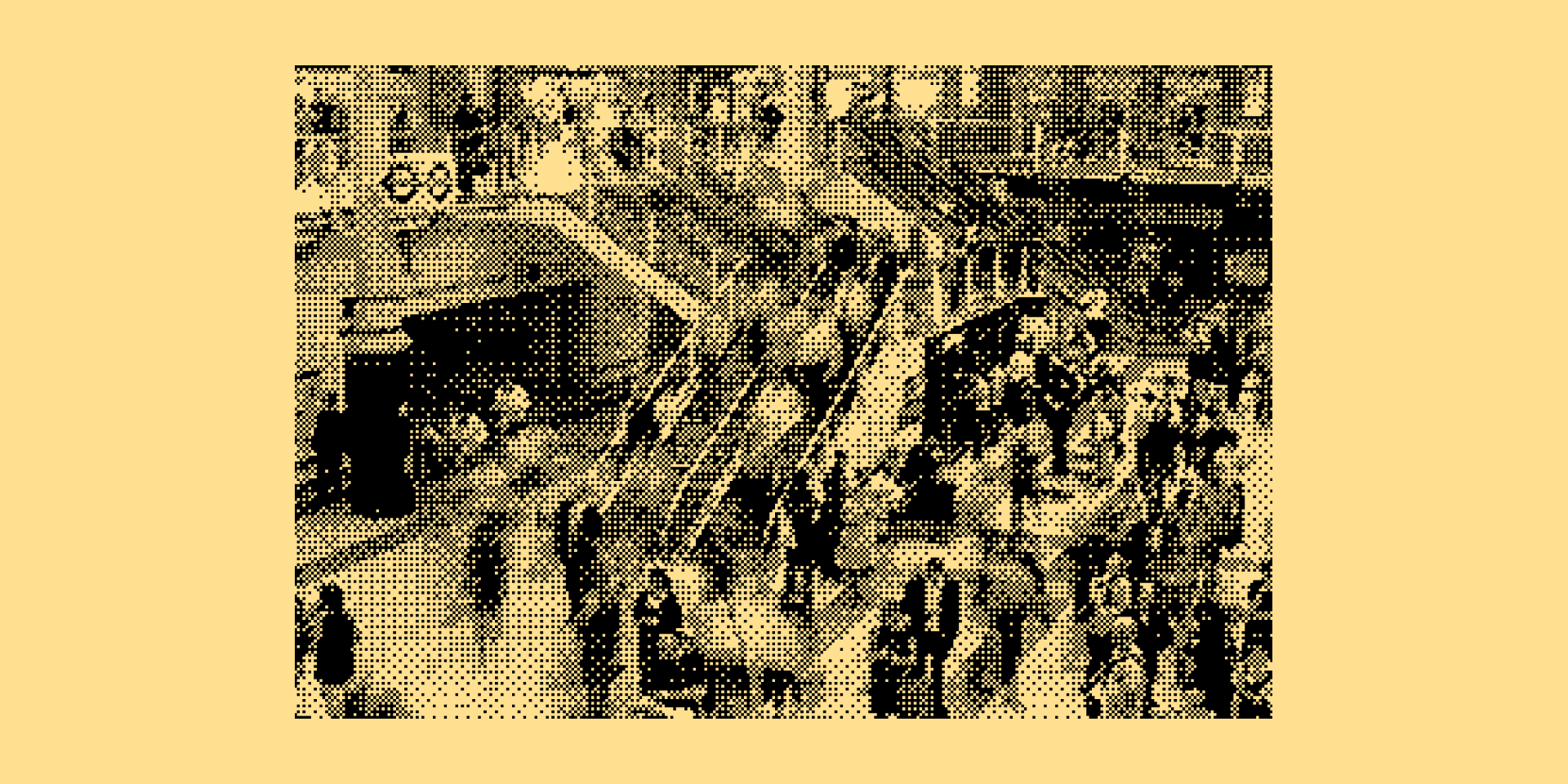 Halftone-filtered aerial photograph of a crowded public space on a yellow background