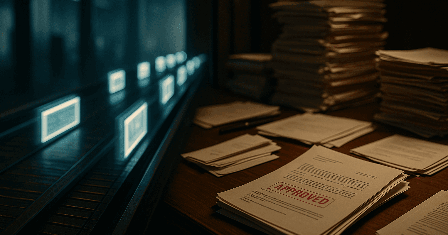 A horizontal cinematic image contrasting two worlds: on the left, glowing digital film frames speed down a sleek conveyor under cool blue light; on the right, stacks of paper contracts and approval stamps sit motionless on a wooden desk under warm light, symbolizing how AI outpaces traditional paperwork.