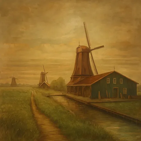 Schilderij van Hollandse molens aan het water