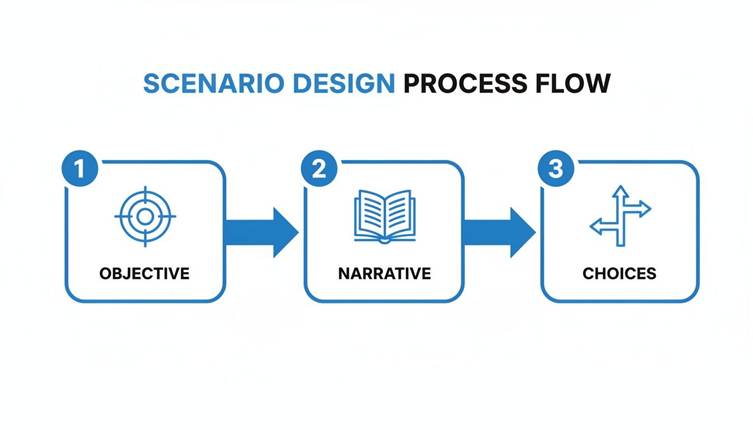 A scenario design process flow diagram showing three steps: Objective, Narrative, and Choices, each with an icon.