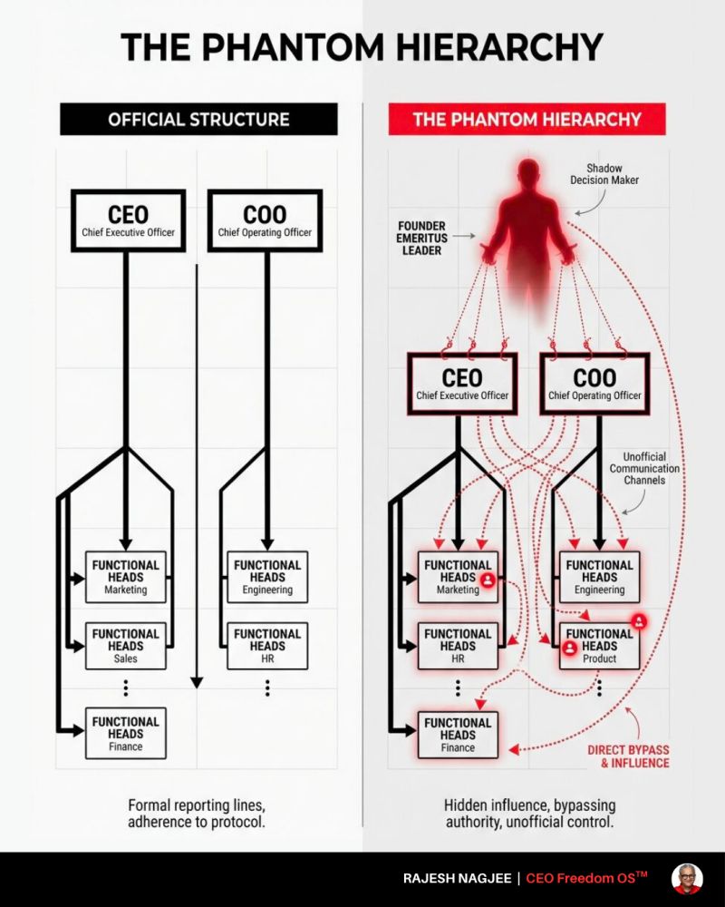 The Phantom Hierarchy: the official org chart shows clean reporting lines; the real structure shows a founder emeritus as shadow decision-maker bypassing the CEO and COO through unofficial communication channels. — Rajesh Nagjee, CEO Freedom OS™