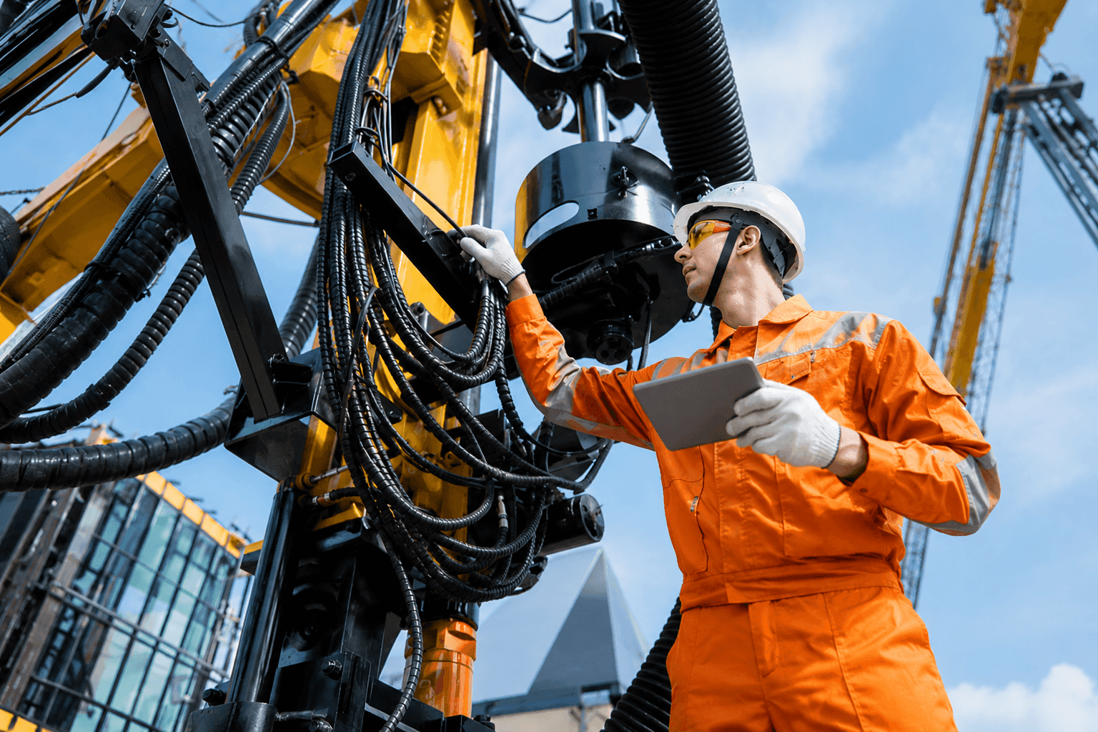 Oil and gas worker standing on a platform looking out to another offshore oil rig