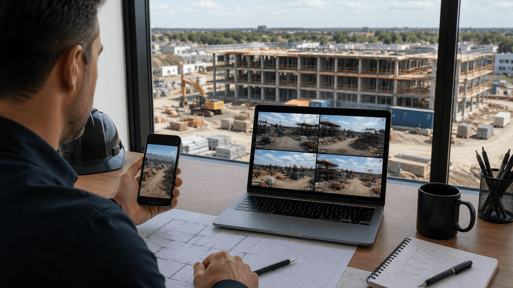 Project manager remotely monitoring a commercial construction site using live CCTV feeds, smartphone access, and temporary internet connectivity in Ontario.