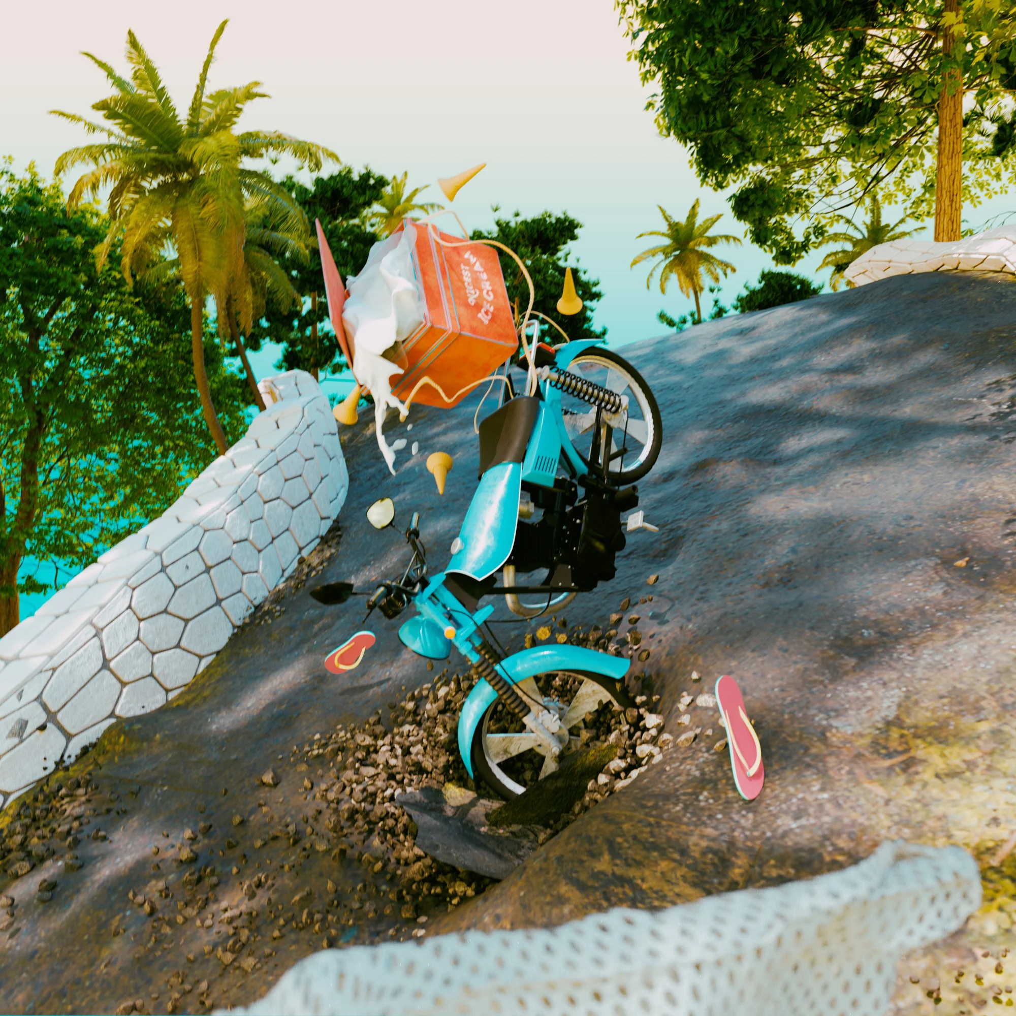 A whimsical 3D render depicting an ice cream vendor thrown from his bicycle after hitting a massive pothole on a Jamaican road, with ice cream flying through the air.