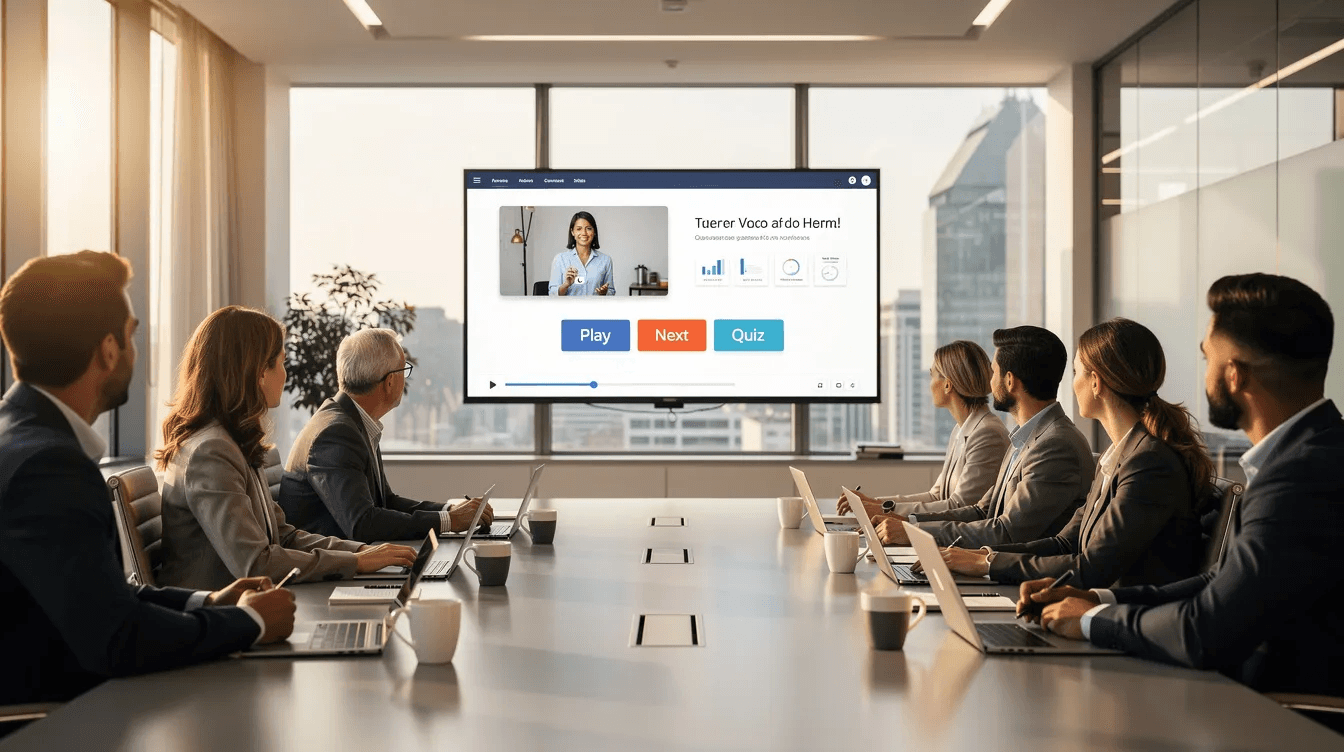 Une équipe diverse est réunie dans une salle de réunion, regardant une vidéo pédagogique interactive sur un grand écran. Cette formation en e-learning permet aux apprenants d'acquérir des compétences grâce à des éléments interactifs et des témoignages d'experts.