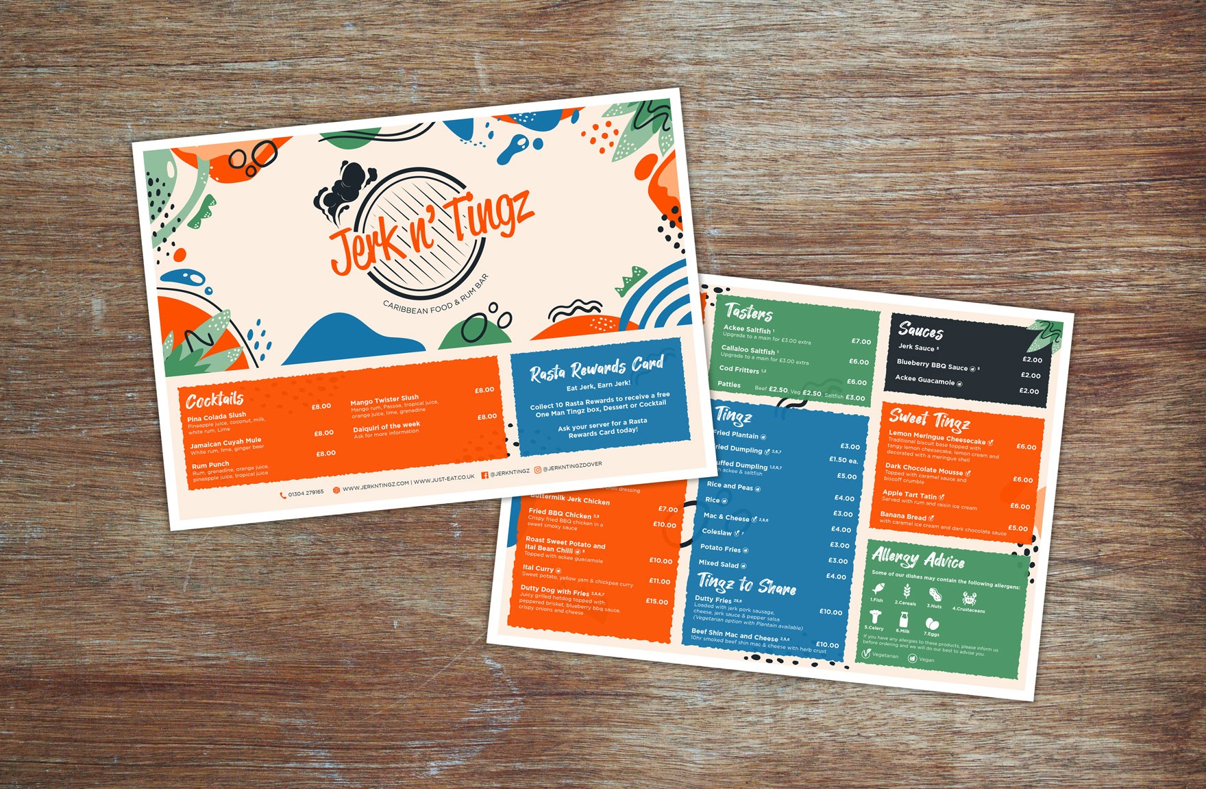 Front and back of a vibrant placemat menu on a wooden table surface.