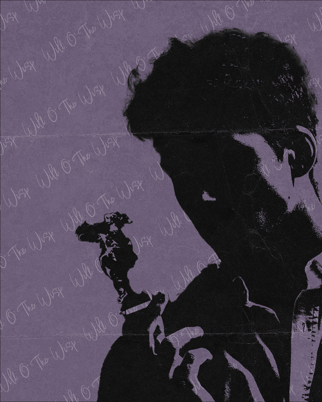 Woman with dark bob wearing transparent-frame sunglasses in focus, flanked by two heavily blurred figures on either side