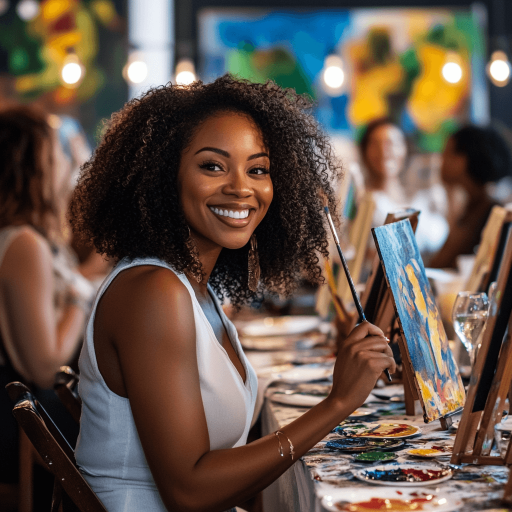 Une femme d'affaires caribéenne sourit lors d'un atelier de peinture - événements créatifs et professionnels ProEvent97.