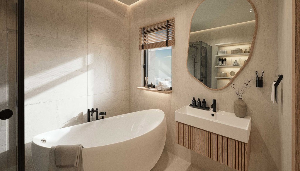 A modern bathroom featuring a large tub and a mirror, accented with azure Lapis elements.