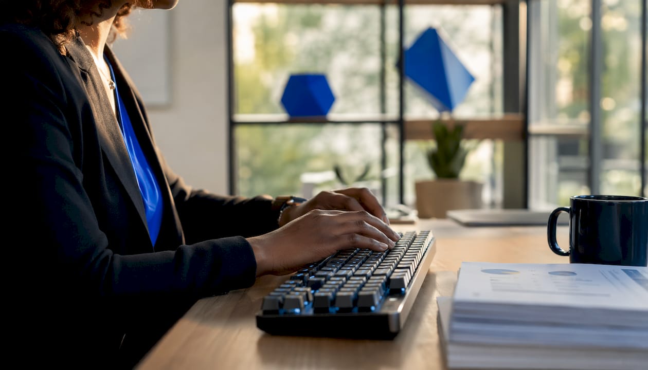 Hands typing on keyboard in office setting