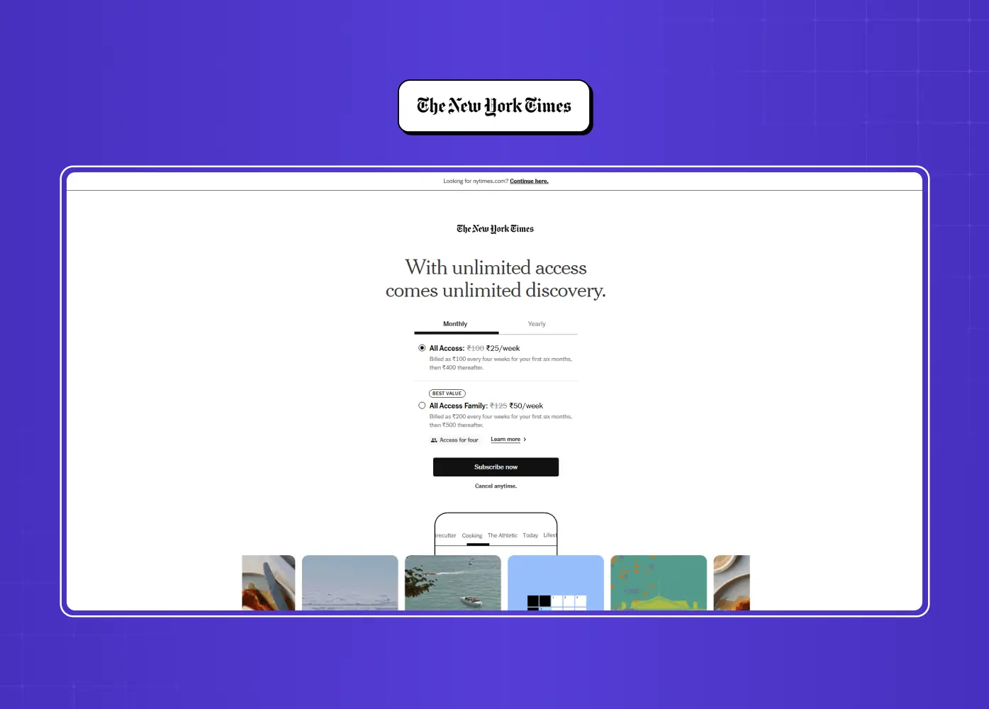 Subscription page for The New York Times displaying digital access plans with simple pricing options and a minimal layout.