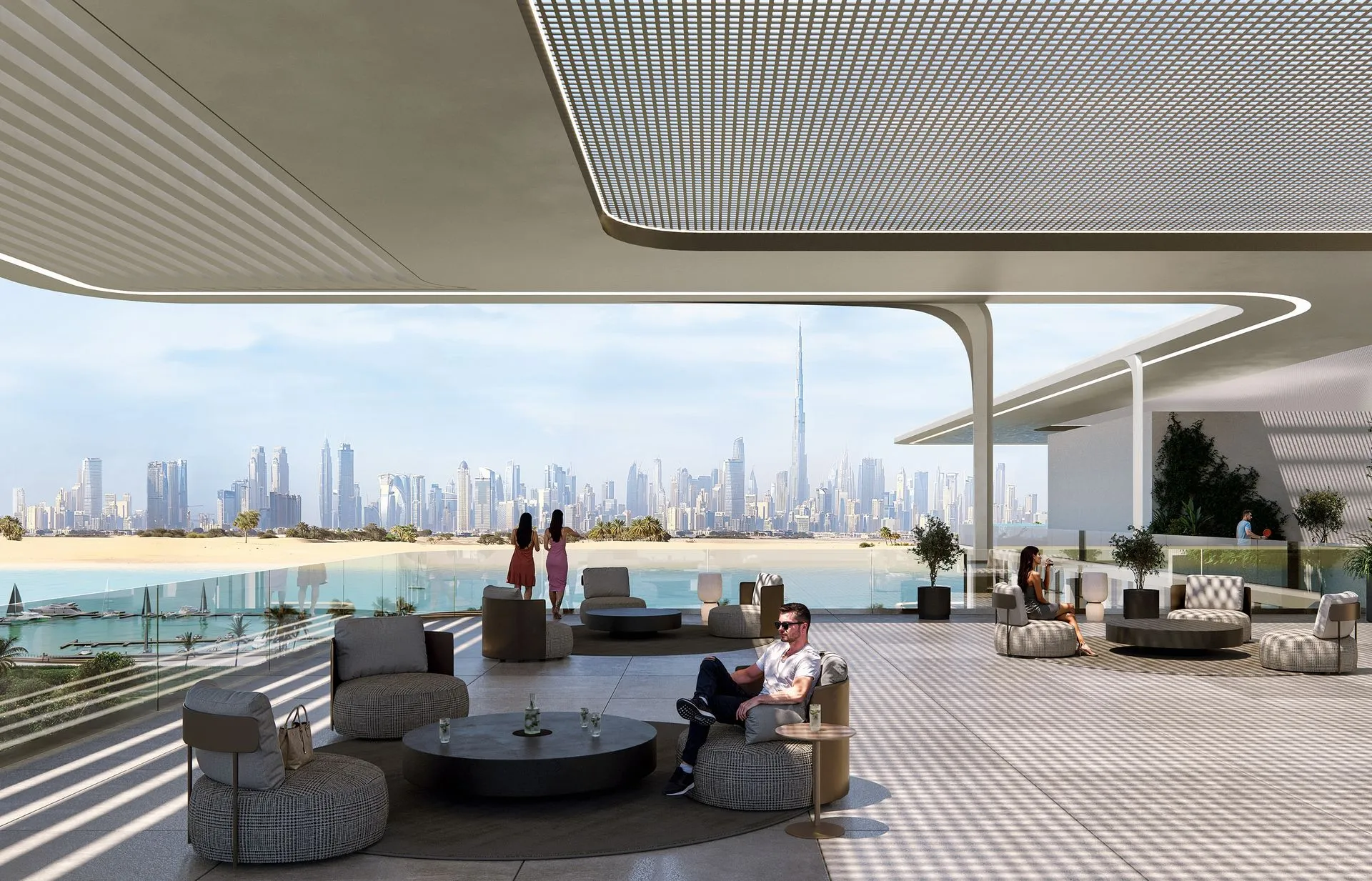 Artistic depiction of the pool at Arka Enclave, featuring elegant water features and sun loungers for relaxation.