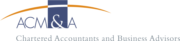 ACM & A Chartered Accountants and Business Advisors logo featuring a curved orange line and blue square.