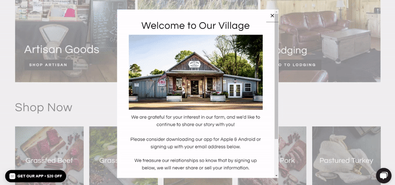 White Oak Pastures newsletter signup popup with a farmhouse photo background