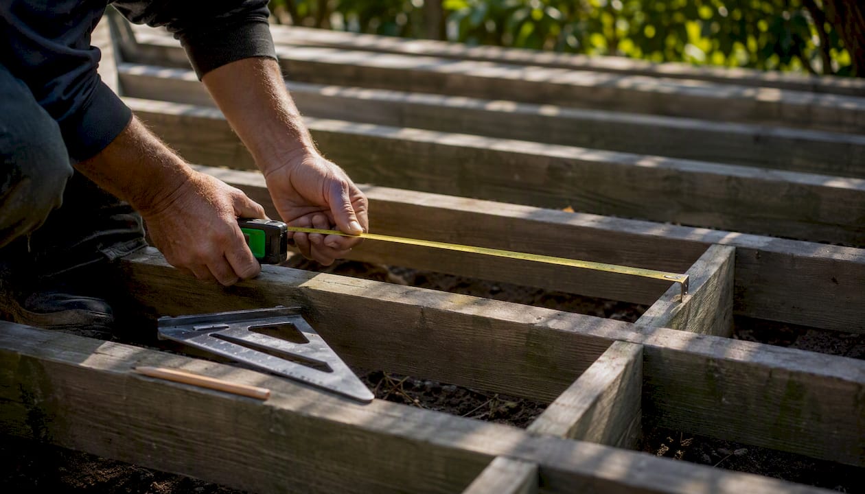 Hands measuring joist spacing on composite deck frame