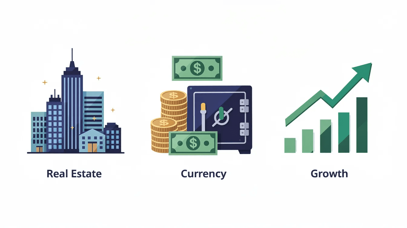 The image features a variety of diverse symbols representing different investment categories, such as buildings for real estate, currency for financial assets, and upward arrows symbolizing financial growth. This visual emphasizes the importance of creating generational wealth through comprehensive financial planning and strategic investments for future generations.