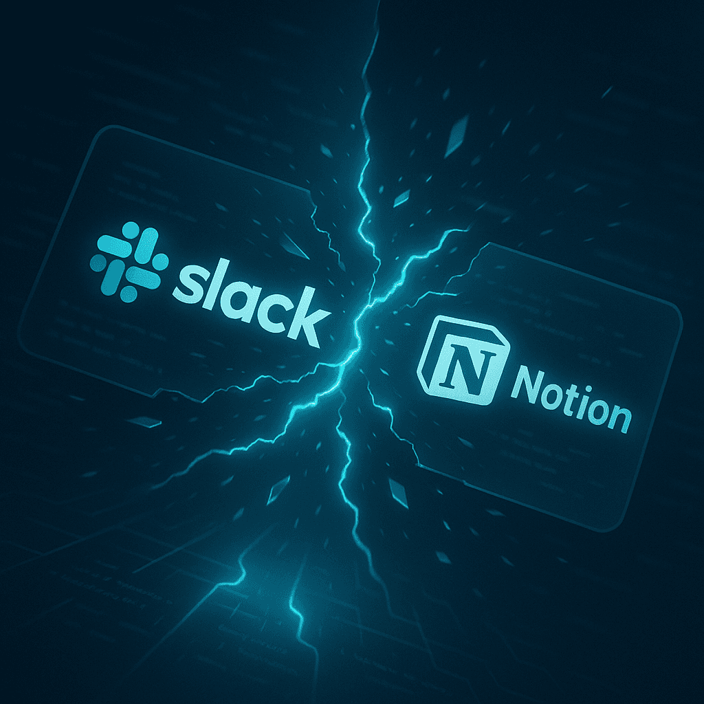 Digital visualization of disconnected Slack and Notion workflows causing fragmented communication and productivity loss.