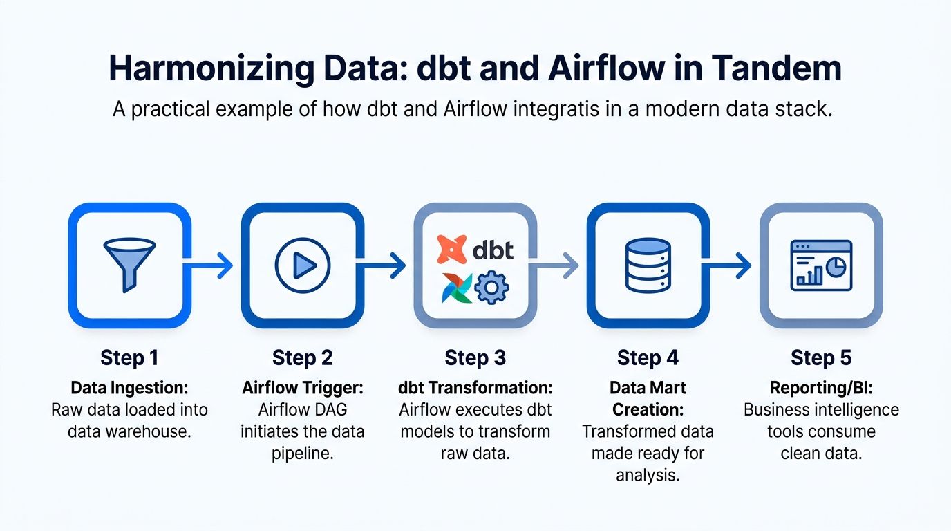 A diagram illustrating a five-step modern data stack process involving dbt and Airflow for data transformation.