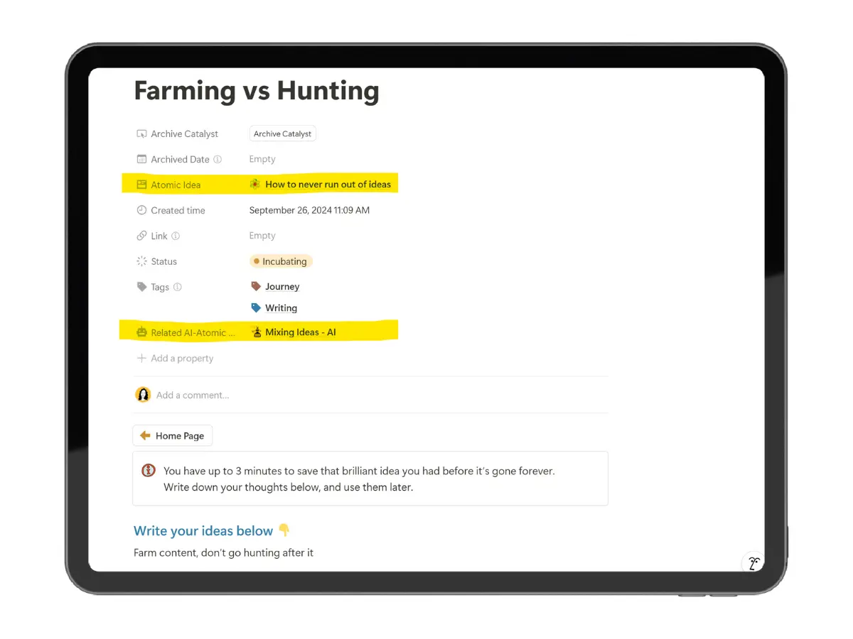 Screenshot of an atomic idea page in the Insight Incubator Notion template titled ‘Farming vs Hunting,’ showing linked ideas and writing notes