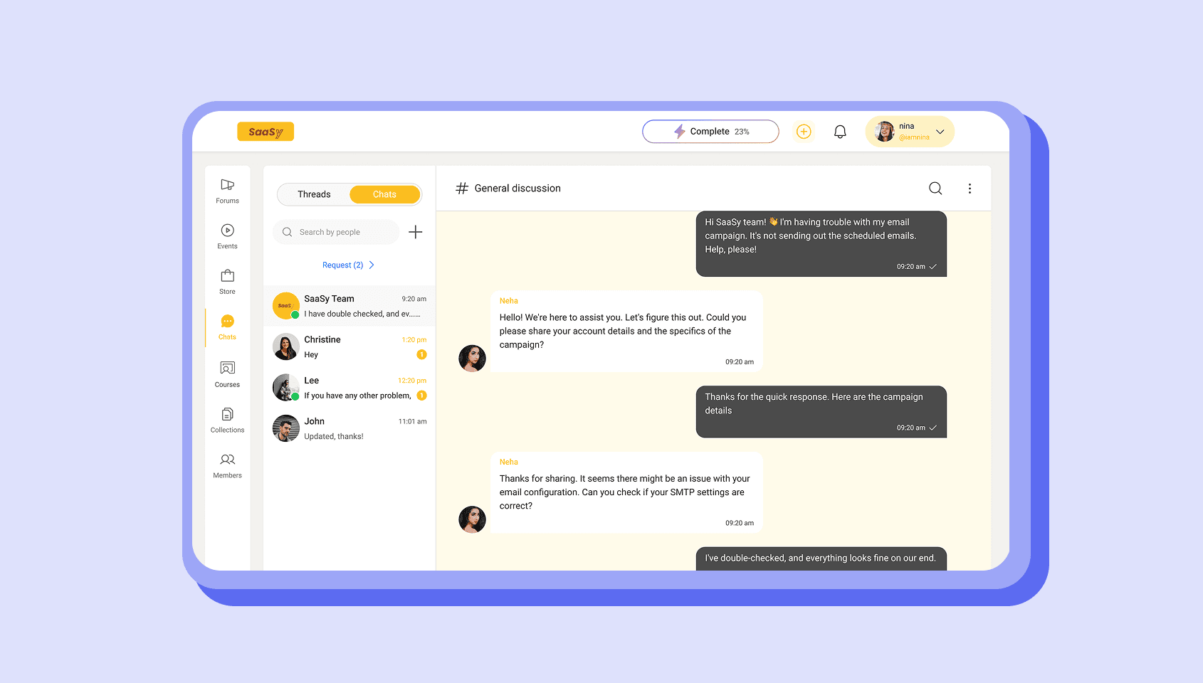 Threaded chat user interface of Wylo.