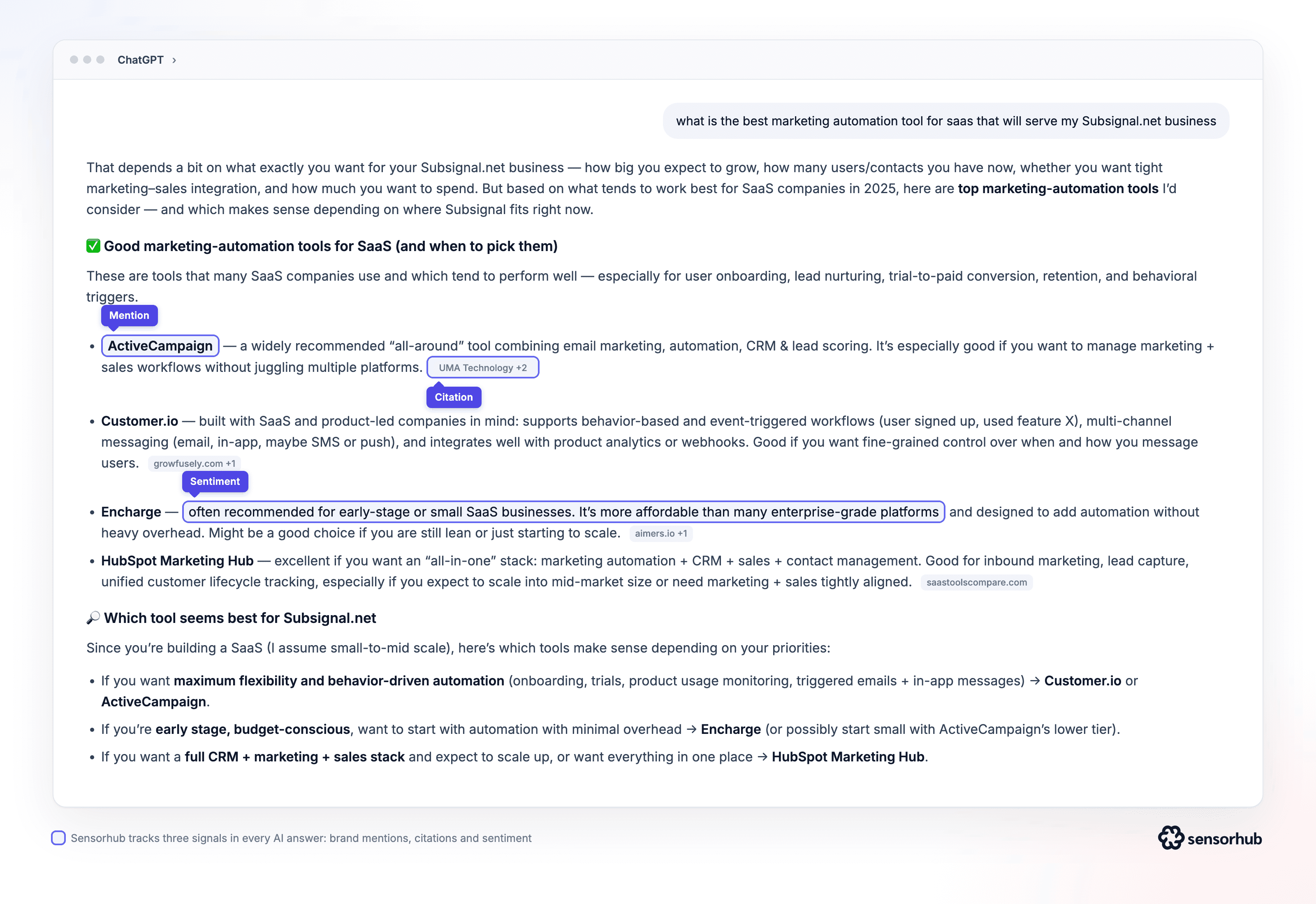 ChatGPT answer about marketing automation tools with Sensorhub highlights for a brand mention, a citation and sentiment