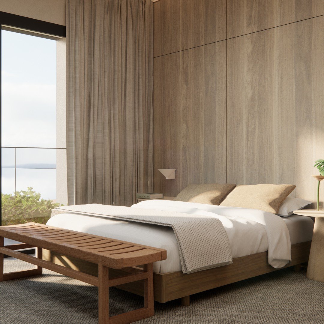 Render antigo de um quarto com banco aos pés da cama