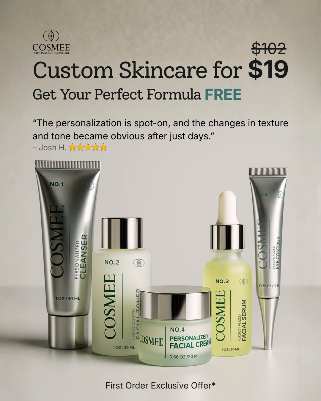 “Diseño de anuncio Meta Ads para COSMEE promocionando su rutina de skincare personalizada por $19, mostrando envases premium y reseña destacada del cliente