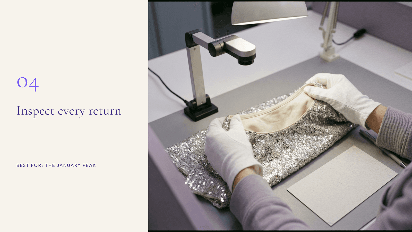 Gloved hands inspecting the neckline of a returned sequinned top under a lamp beside a document camera
