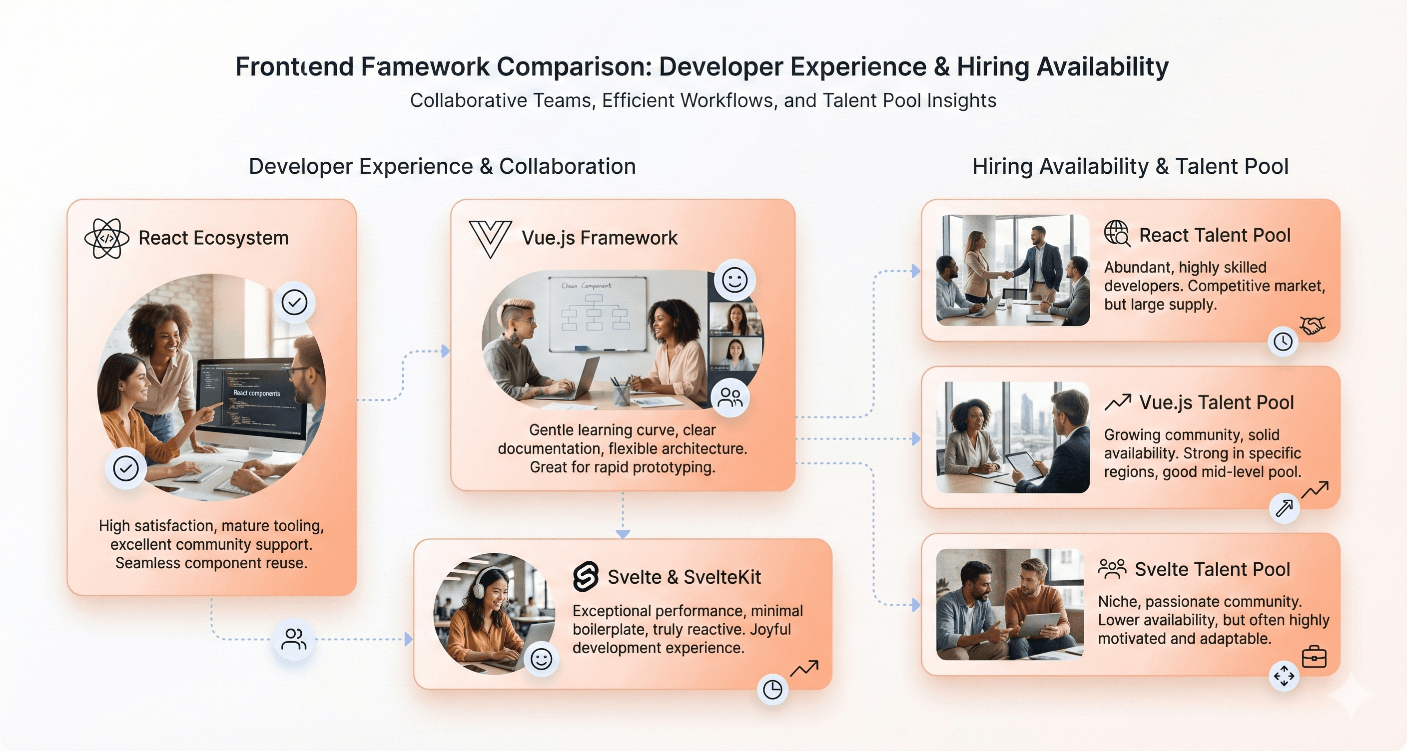 Developers collaborating with different frontend frameworks, illustrating learning curve, ecosystem maturity, and hiring availability considerations.