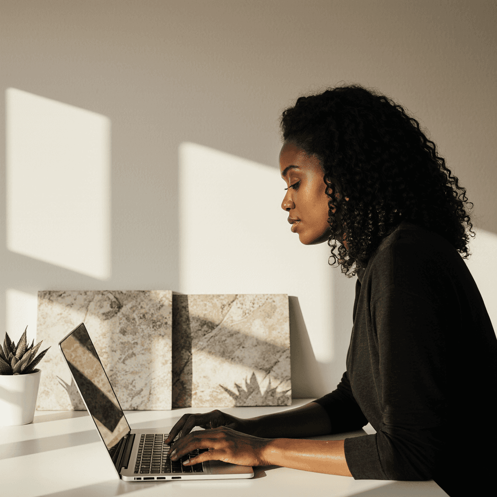 Interior designer working on a laptop during the design process.