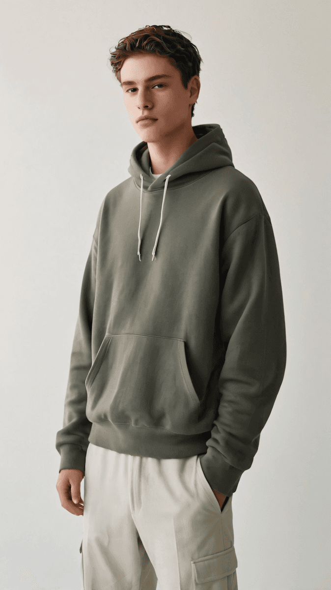 A young man wearing an olive green hoodie and light beige cargo pants, standing against a plain white background