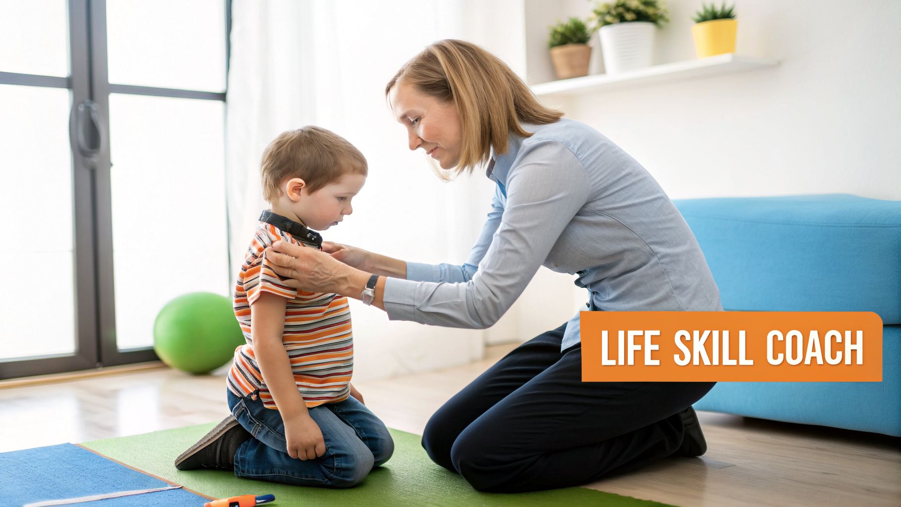 A kind woman patiently helps a young boy with his shirt, teaching daily living skills.