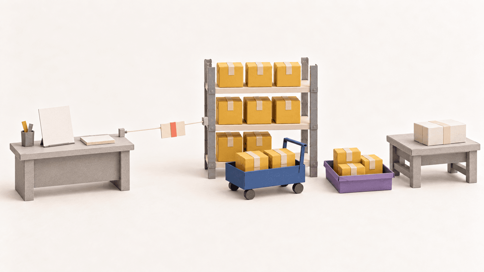 Paper-craft office desk with a blank order card, a coral-banded change card travelling along a string to a warehouse shelving bay, a trolley holding a partial pick of mustard boxes, a purple tray of boxes set aside and a dispatch bench with two closed parcels.
