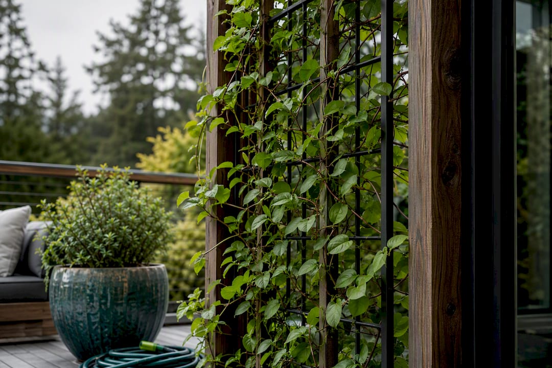 Climbing vine growing across privacy trellis