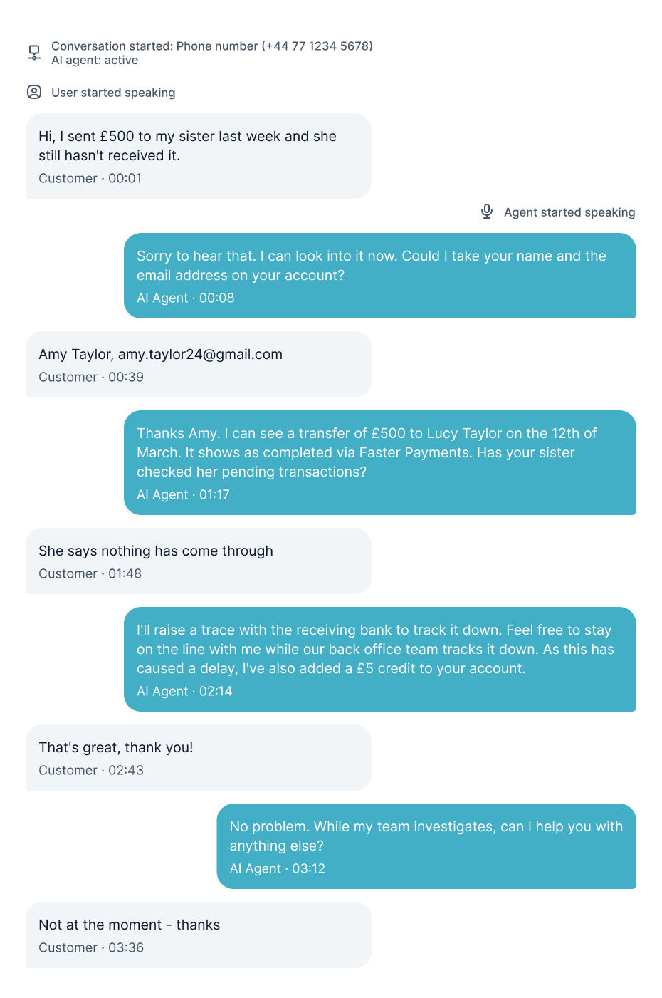 Recording of an AI voice agent handling a missing payment query, tracing a £500 transfer, raising a bank trace, and applying a goodwill credit to the customer's account