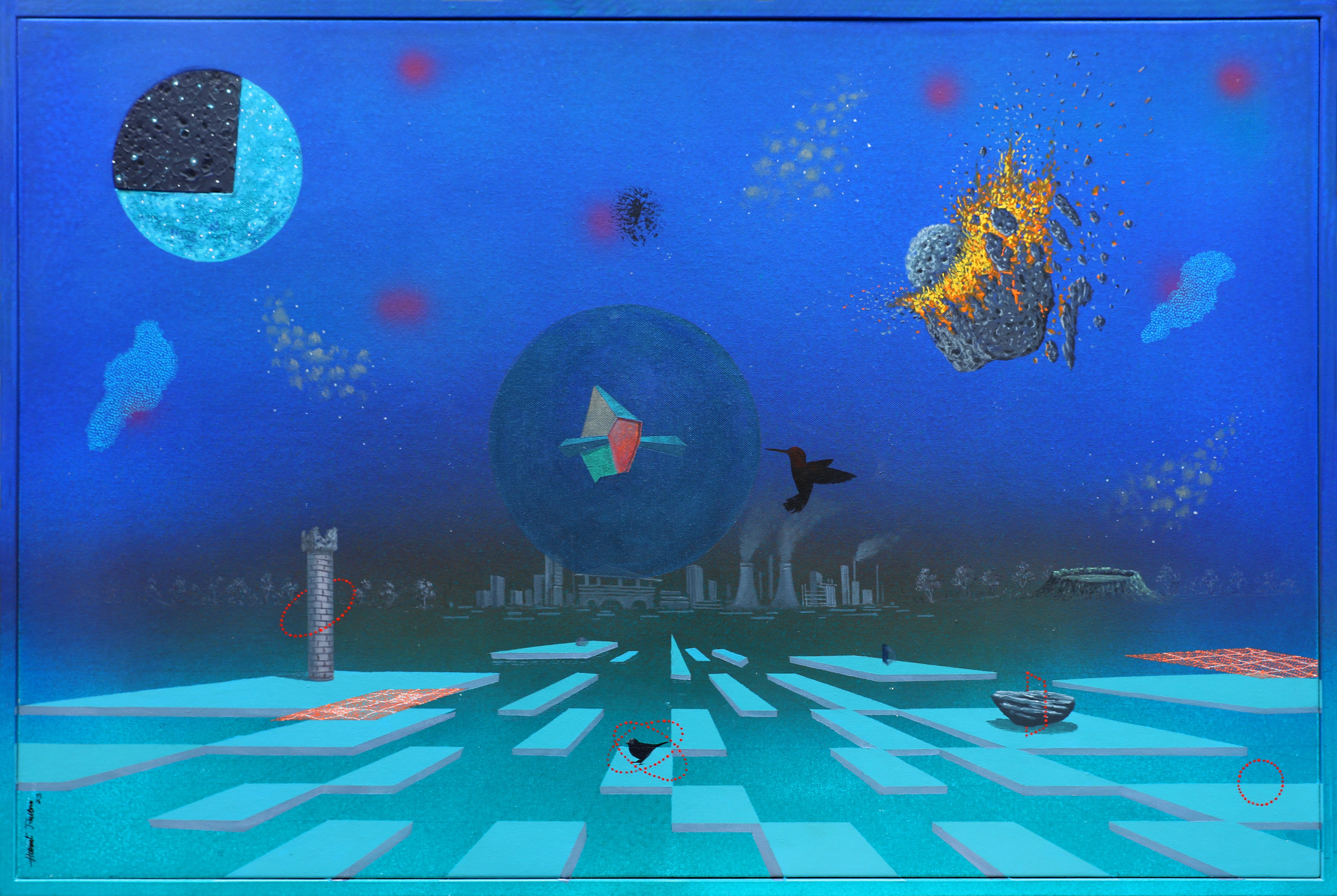 herd of sheep on road painting