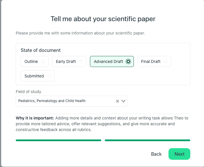 thesify screen where the user selects the state of the document and field of study before receiving feedback.