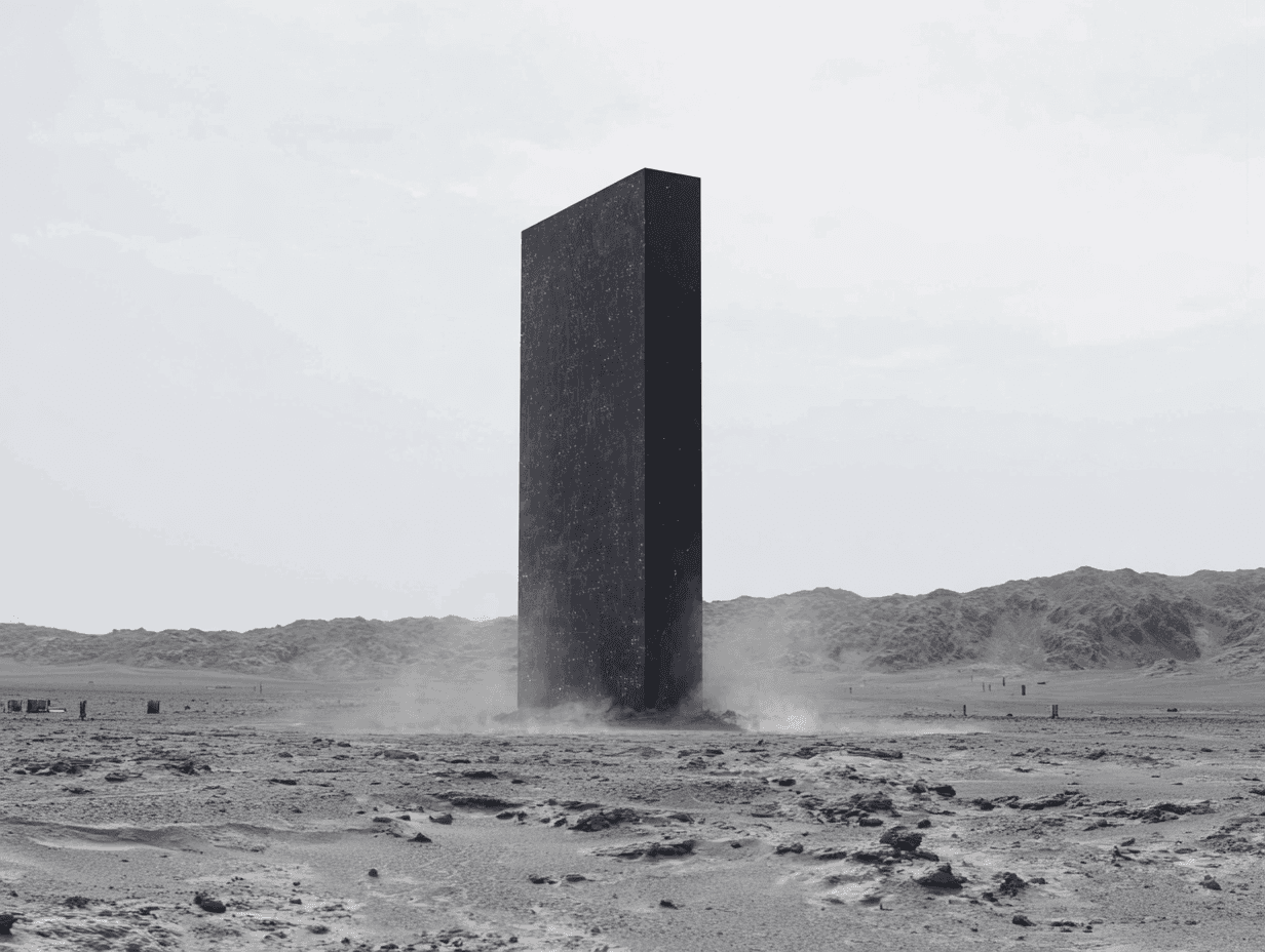 A towering black monolith stands alone in a desolate alien desert, surrounded by dust and distant mountains under a pale gray sky.
