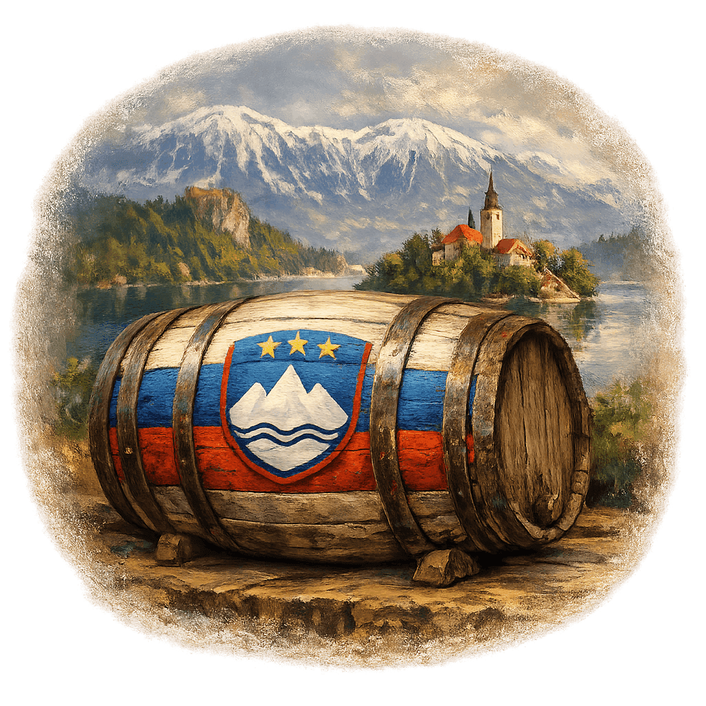 Wine barrel featuring the Slovenia national emblem for regional wine education.