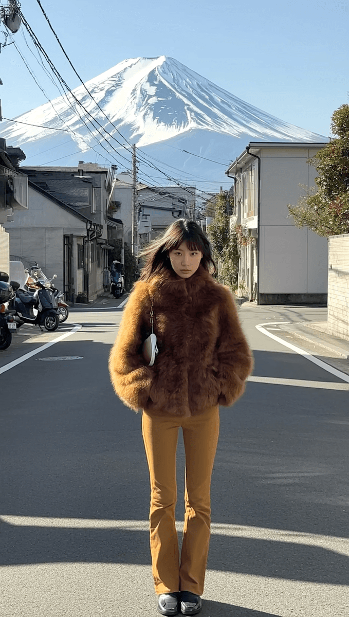 a woman in warm brown outfit walking on a street with a snowy MT. Fuji in the background under clear sky