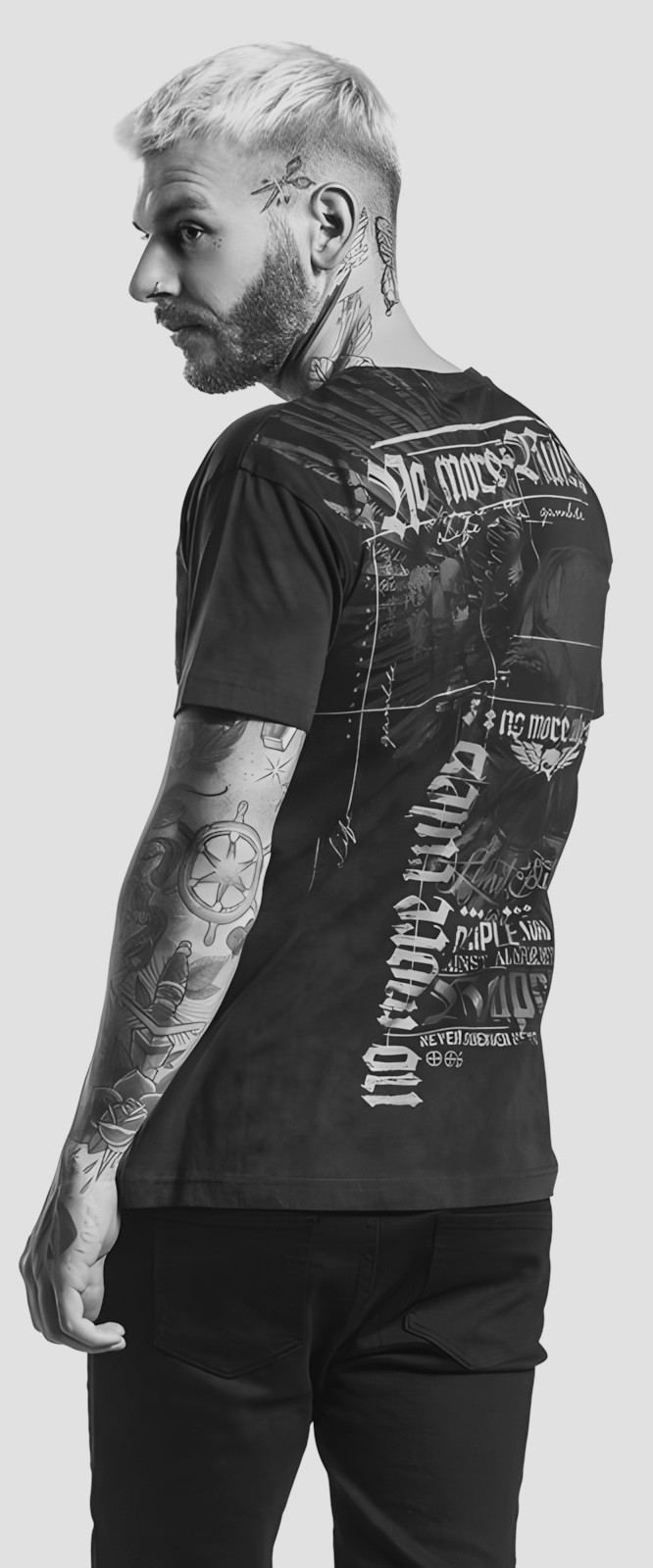 grayscale photography of woman wearing long-sleeved shirt