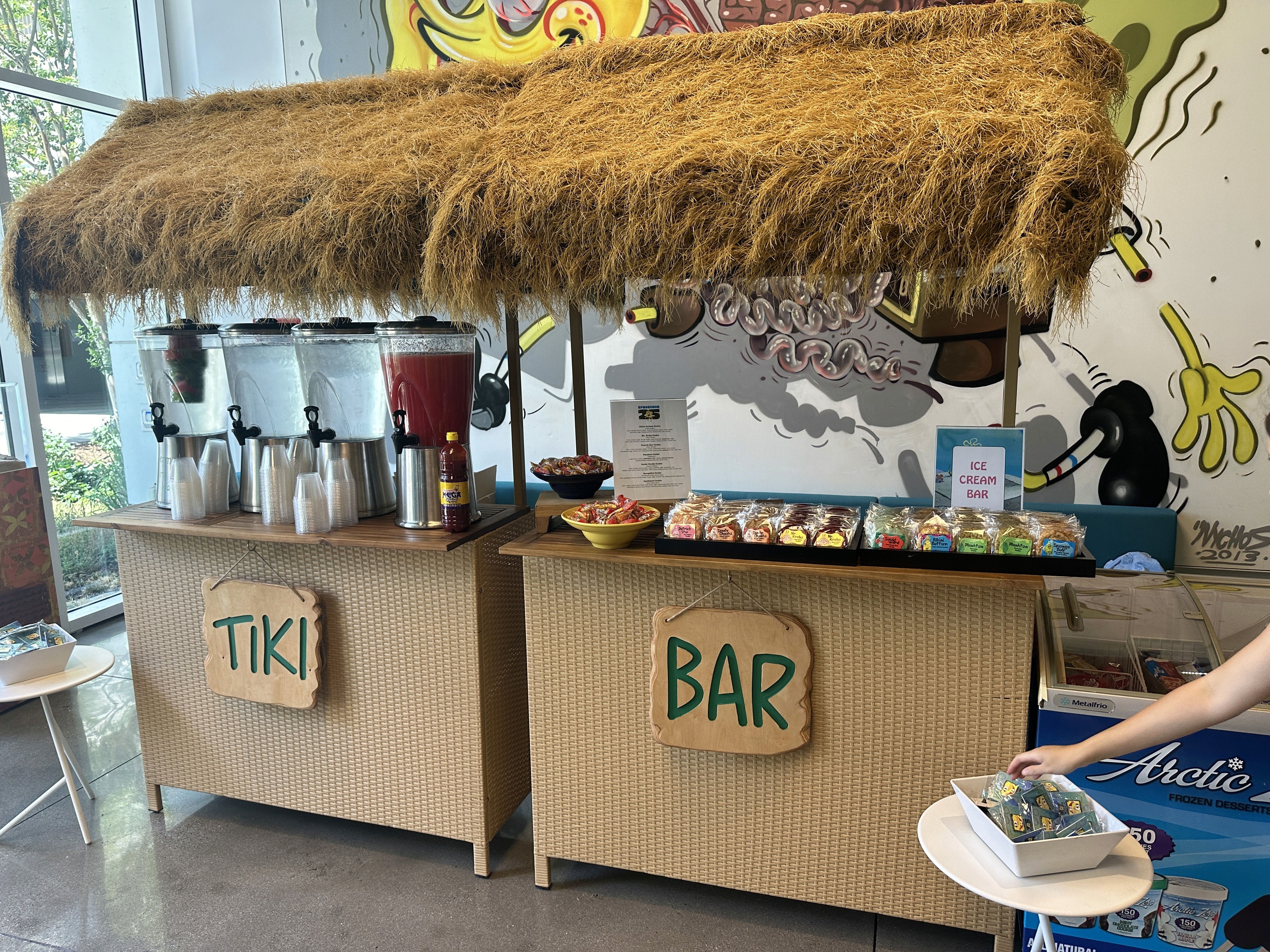 A custom-built, SpongeBob-themed Tiki Bar, the centerpiece of the 25th-anniversary brand activation.