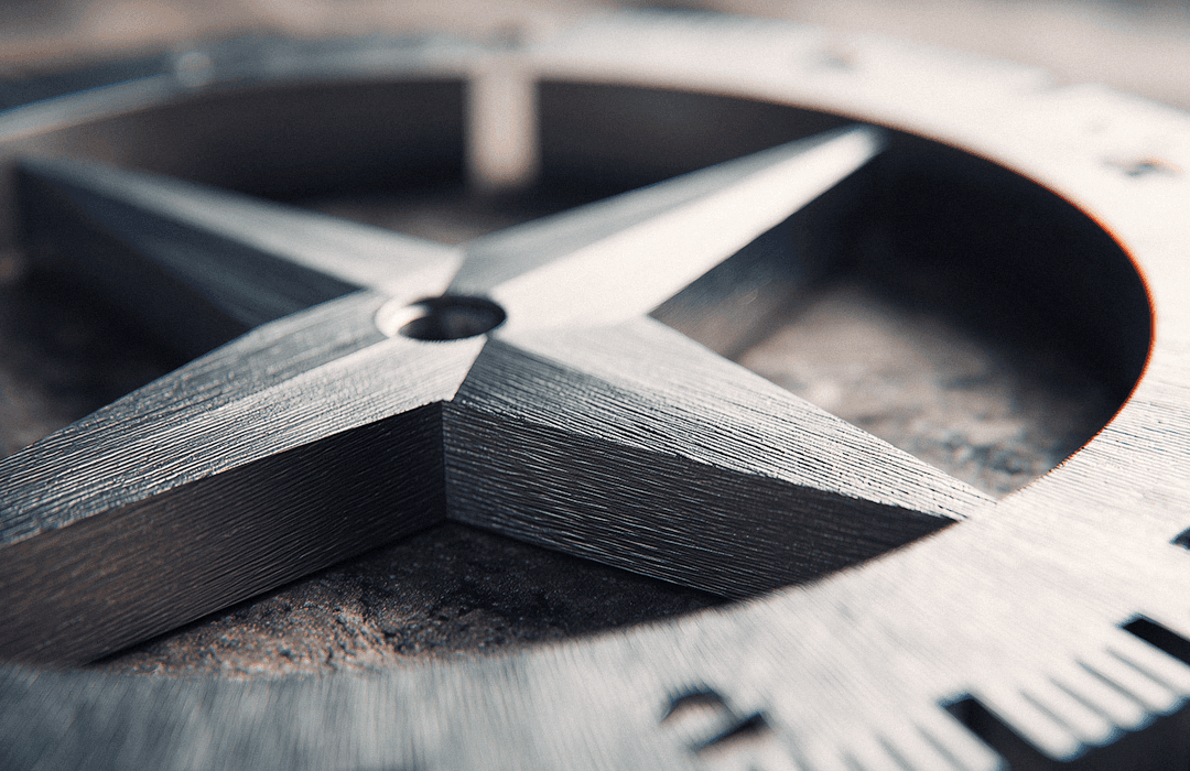 Bússola metálica apontando a direção estratégica para gestores evitarem o alto custo da inação no mercado jurídico.